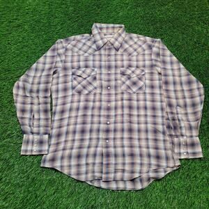 VTG 70s Campus Plaid Pearl Snap Western Shirt Mens Large 16 Cowboy